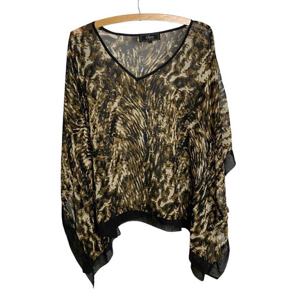 Status by Chenault Brown Black & Cream Sheer Leopared Print Flowy Blouse Size L - Picture 1 of 7